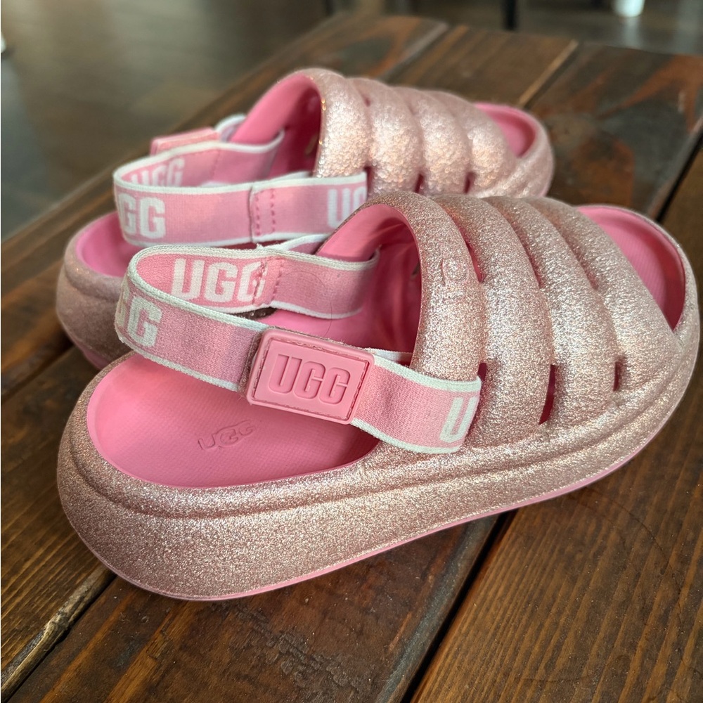 UGG Kids Glitter Pink Slide Glitter Sandals with Branded Strap Girls size 11